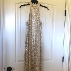 Gold, silver, white sequined fitted formal dress size 0